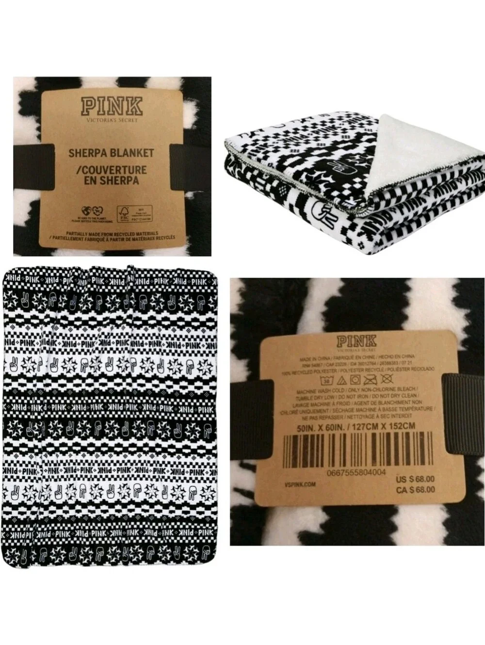 NWT Victoria's Secret VS PINK Sherpa Blanket Black White Peace Sign Throw 50x60